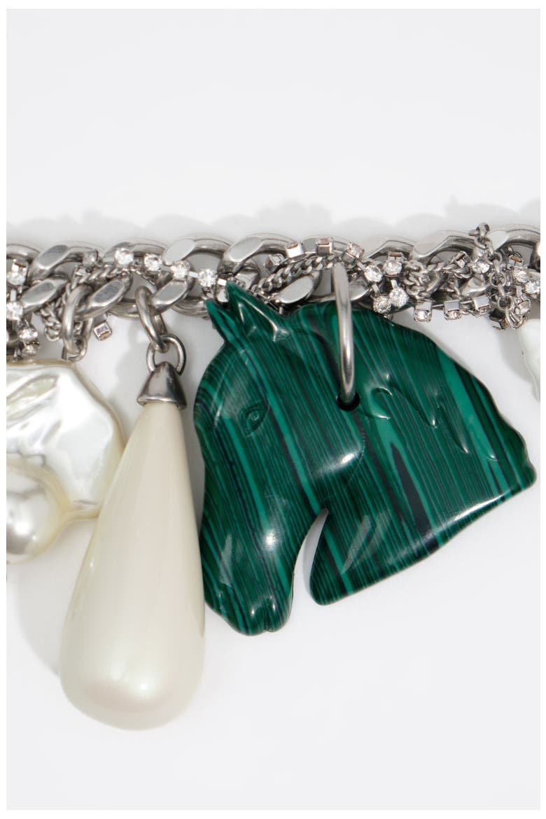 Charm Necklace with Rings, Pearls and Horse, Alternate, color, DARK SILVER