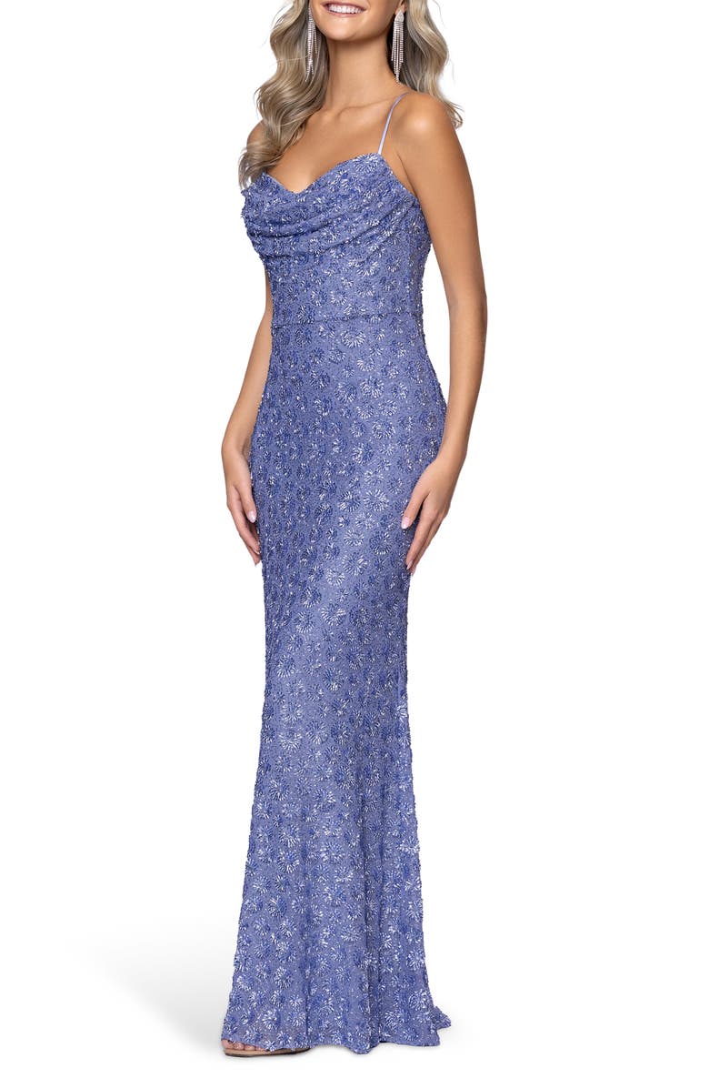 Blondie Nites Drape Sequin Sleeveless Gown, Alternate, color, Periwinkle
