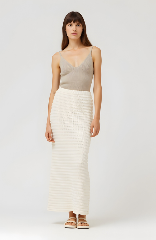 Modenaire Textured Knit Midi Skirt With Ribbed Stripe Pattern And Back Slit In White