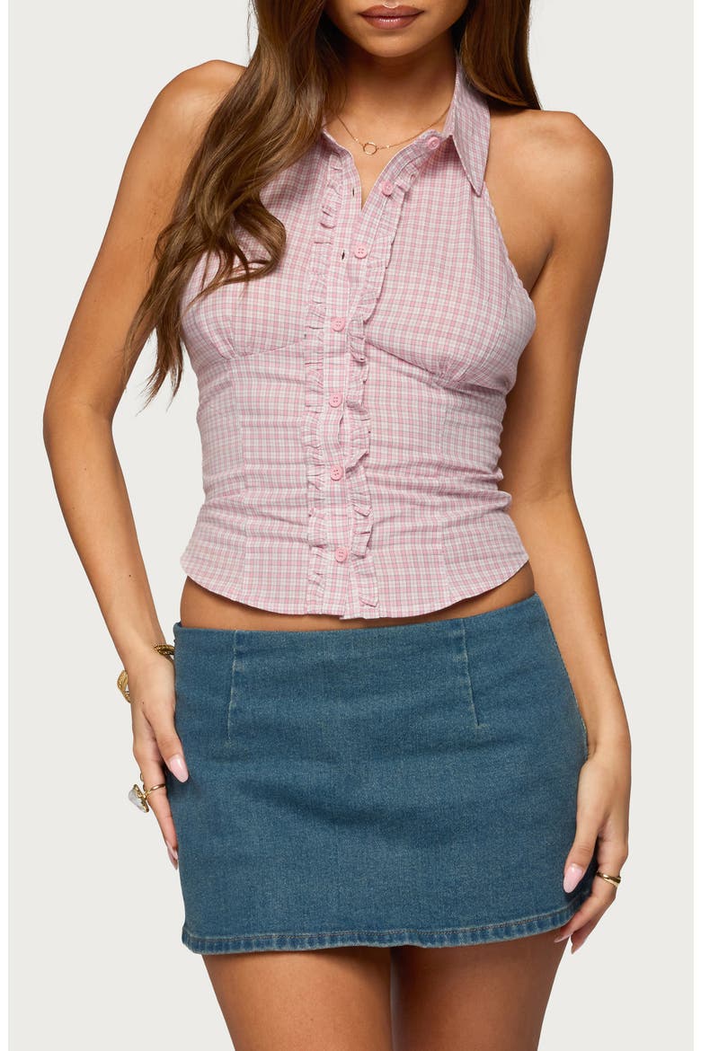 Imrie Plaid Crop Halter Shirt, Main, color, LIGHT-PINK