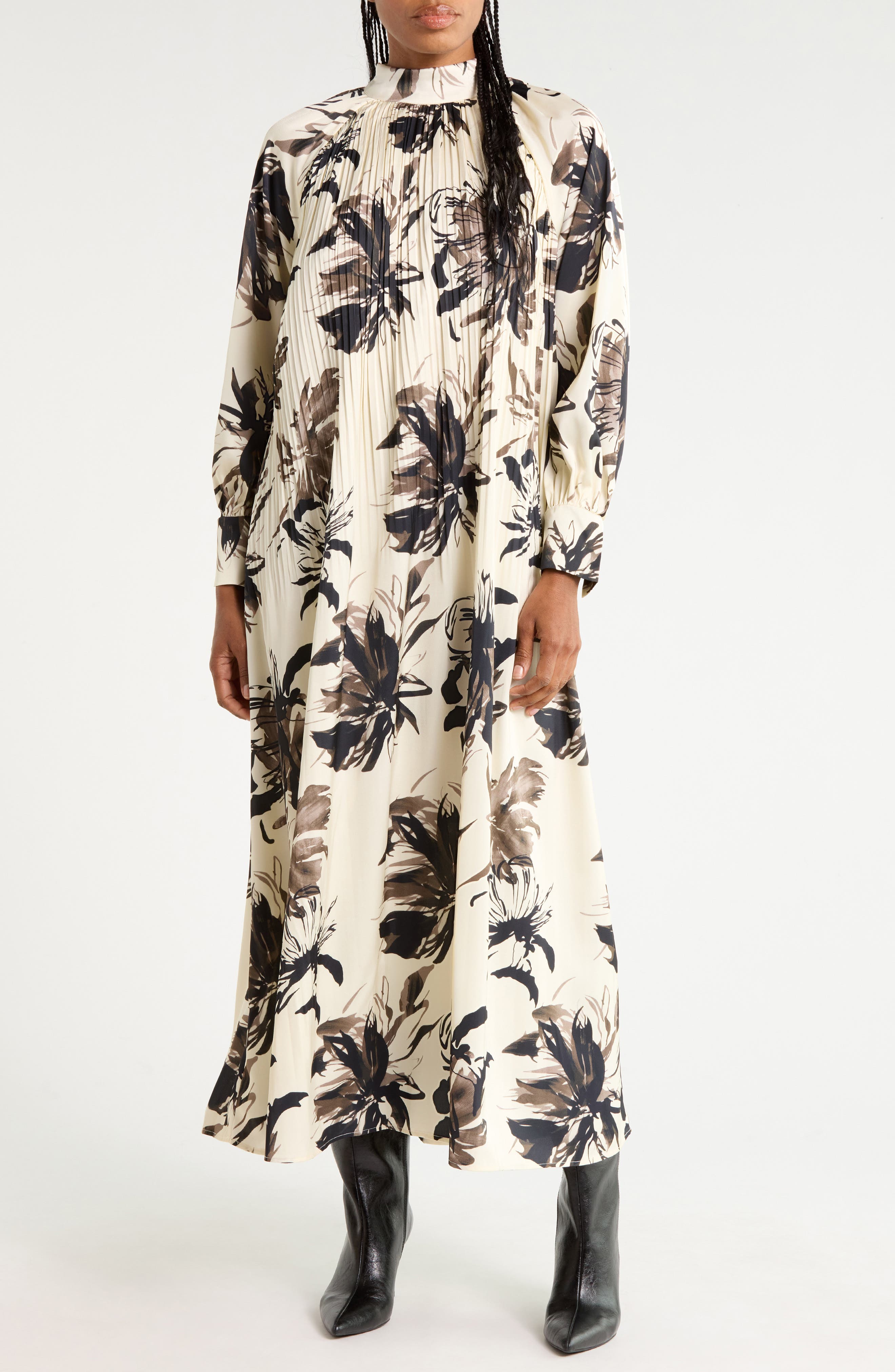 Pleated Long Sleeve Maxi Dress