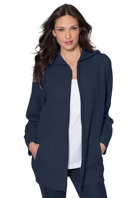 Plus Size Waffle Knit Zip-Front Relaxed Hoodie (Plus)