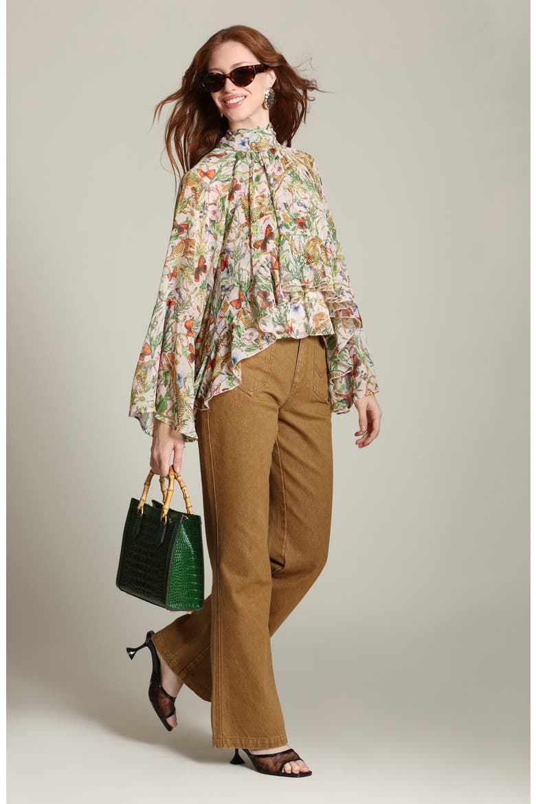 Mixed Print Tie Neck Long Sleeve Top, Alternate, color, PINK CHEETAH SCARF