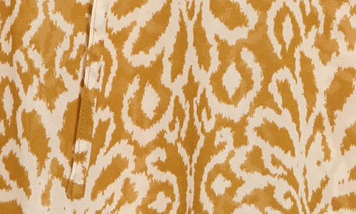 Pleione Flutter Sleeve Split Neck Top In Taupe/ecru Ikat Geo