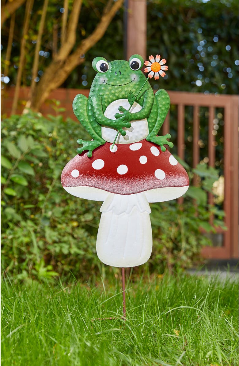 Glitzhome 30"H Multi-functional 2-in-1  Metal Stacked Mushroom and Frog Garden Yardstake Wall Decor, Alternate, color, Green