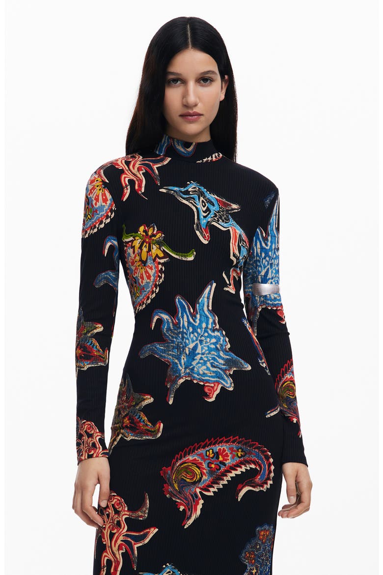 Abstract Print Long Sleeve Midi Dress, Alternate, color, BLACK
