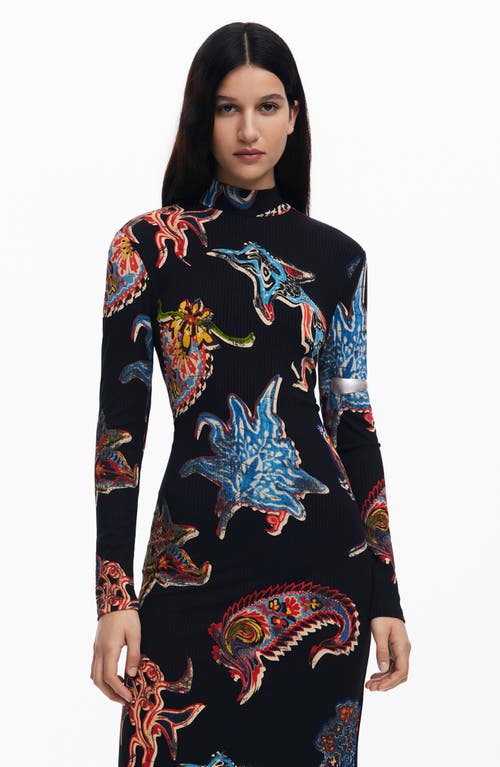 Desigual Abstract Print Long Sleeve Midi Dress In Black