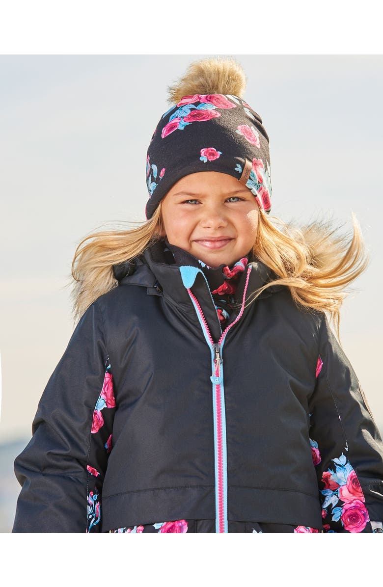 Deux par Deux Baby Girl's Mid-Season Jersey Detachable Pompom Hat Black Printed Roses, Alternate, color,