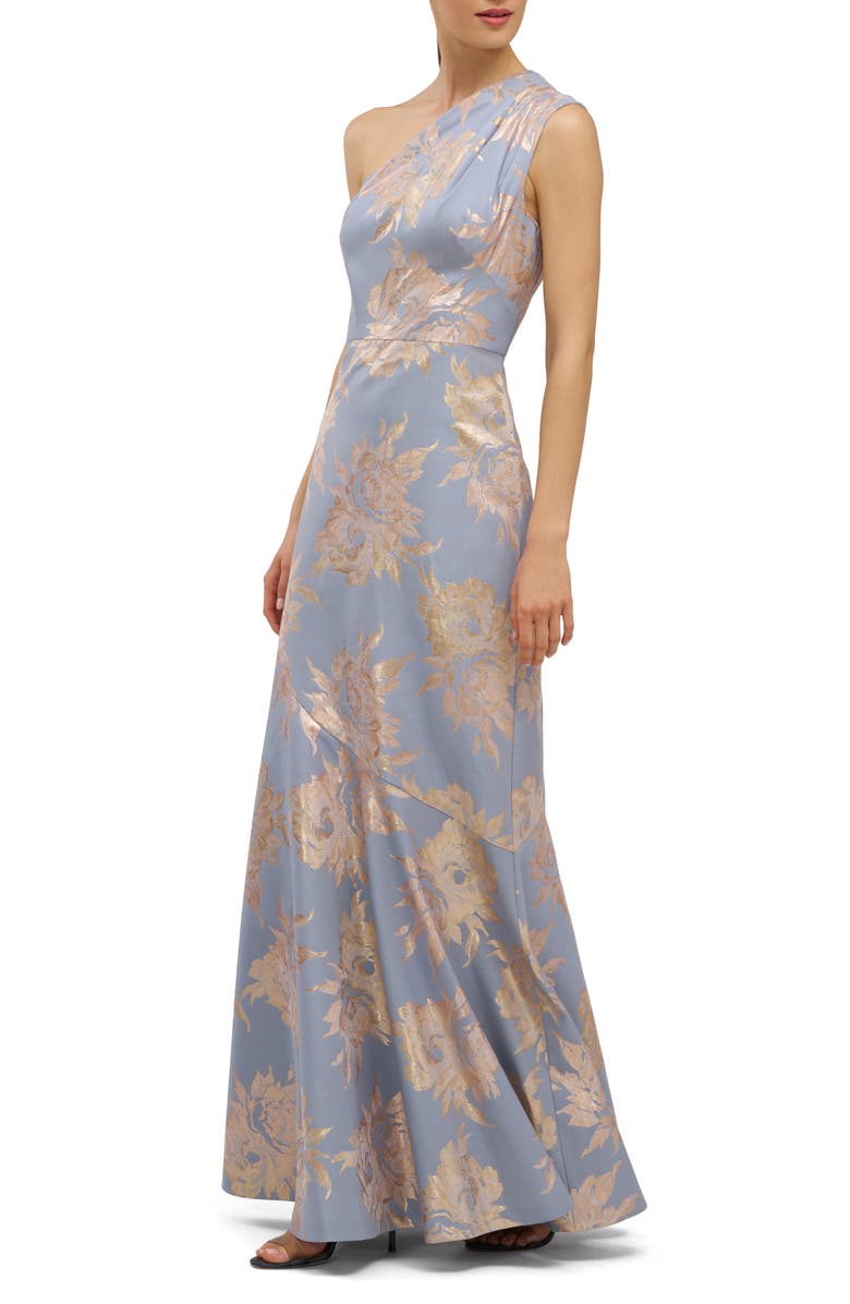 Kay Unger Gianella Floral Metallic Jacquard One-Shoulder Gown, Alternate, color, Blue Bird