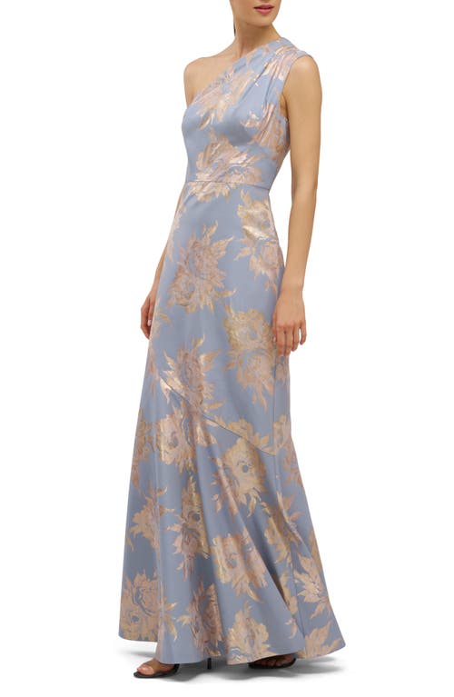 Kay Unger Gianella Floral Metallic Jacquard One-shoulder Gown In Blue