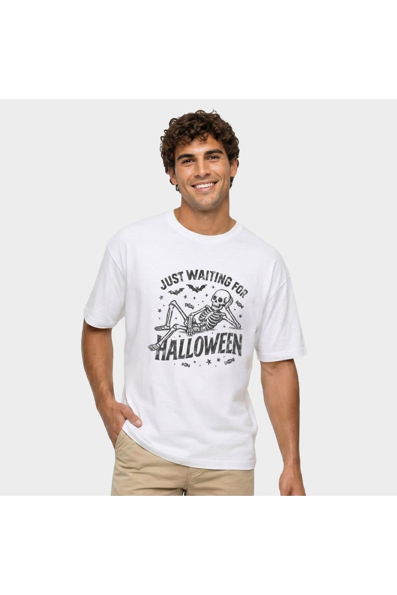 Just Waiting For Halloween Skeleton Garment Dyed T-Shirt, Main, color, White