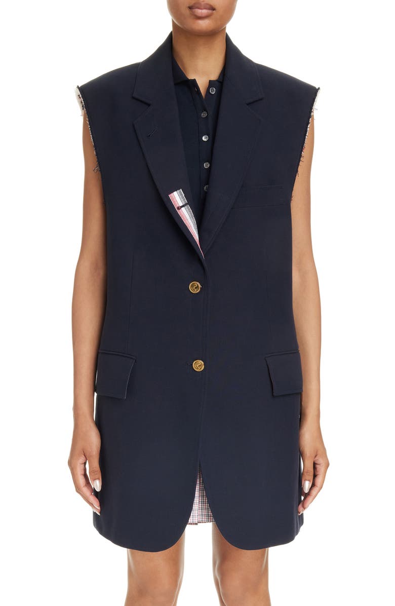 Thom Browne Oversize Sleeveless Cotton Blend Blazer, Main, color, Navy