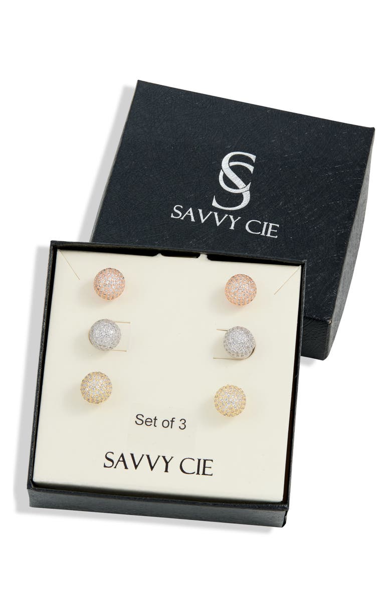 SAVVY CIE JEWELS Fireball Set of 3 Stud Earrings, Main, color, Yellow/ Rose/ Silver