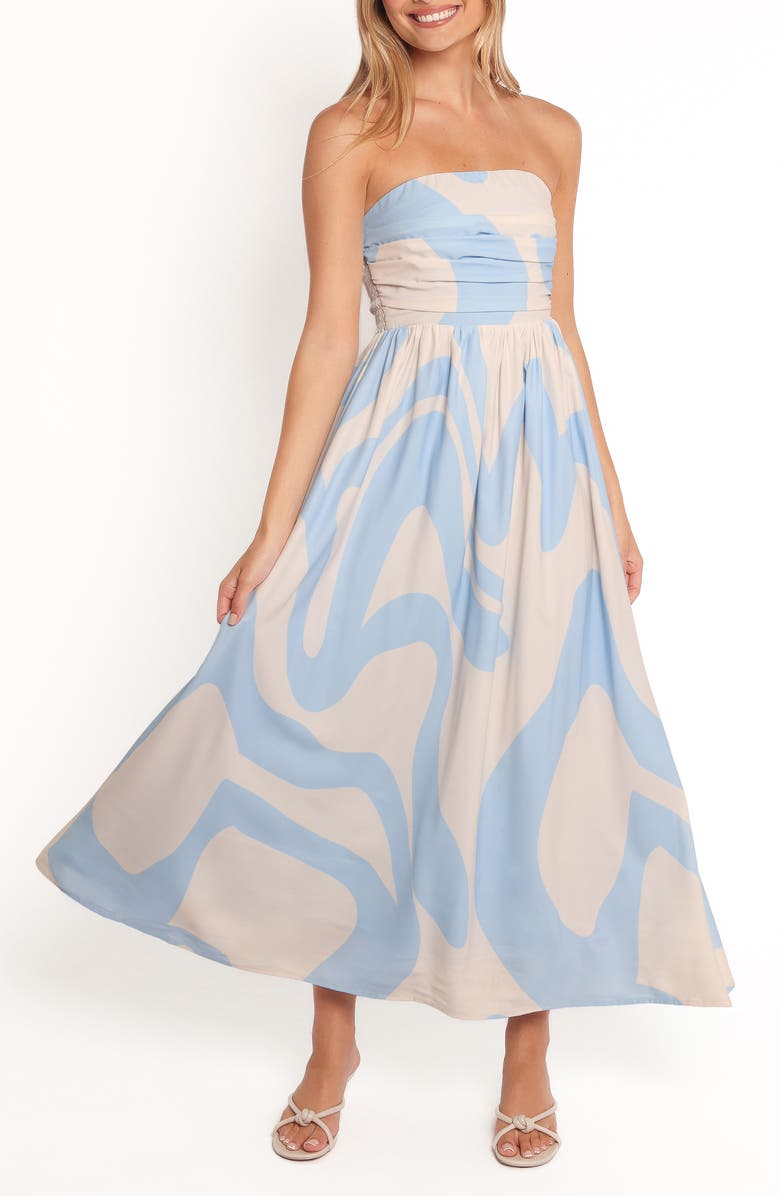 Petal & Pup Nesta Strapless Maxi Dress, Main, color, Blue Cream
