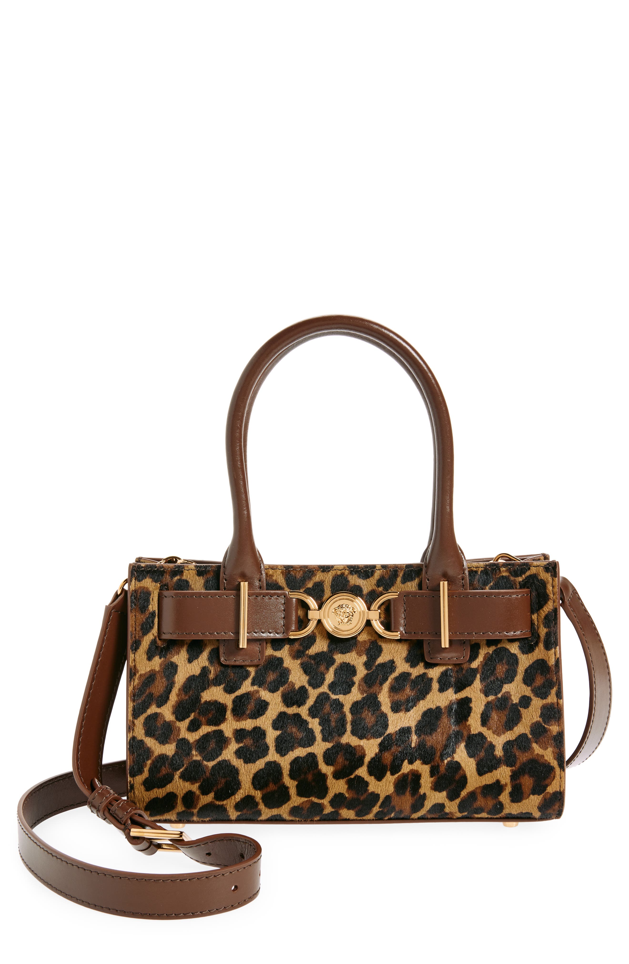 Versace Small Medusa 95 Leopard Print Genuine Calf Hair Tote, Main, color, 