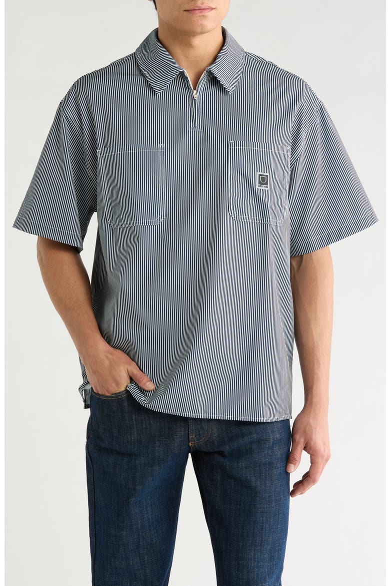 Journey Water Resistant Short Sleeve Half Zip Popover Shirt, Main, color, NAVY/ WHITE STRIPE