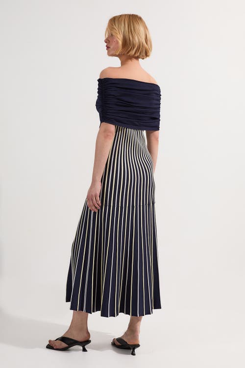 Karen Millen Striped Bardot Knitted Maxi Dress In Blue