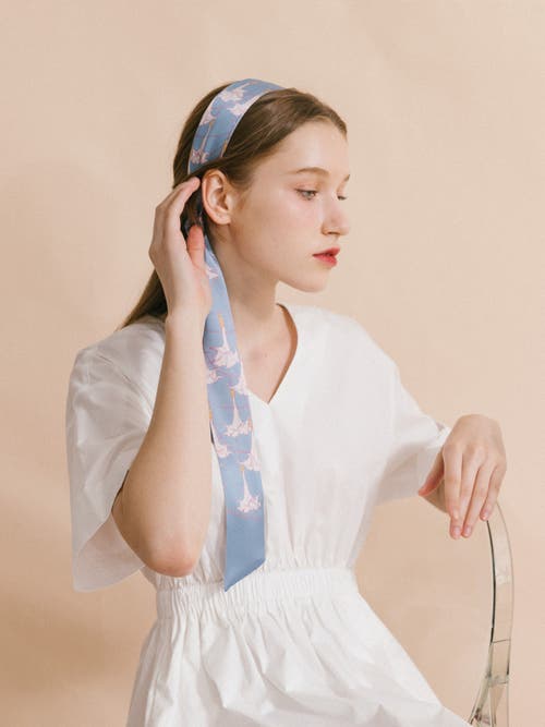 Lost Pattern Nyc "datura" Silk Skinny Scarf In Blue