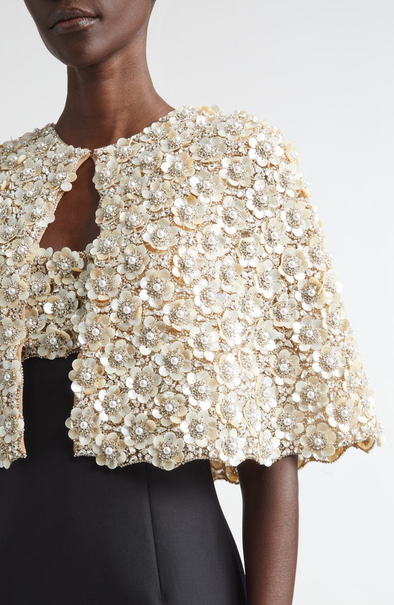 Oscar de la Renta Floral Embroidered Cape, Alternate, color, Silver