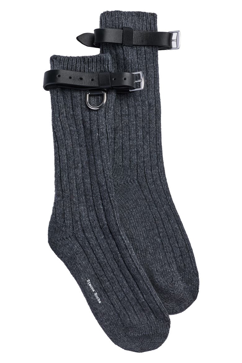 Buckle Strap Ribbed Wool Blend Ankle Socks, Main, color, DARK GREY/ JET