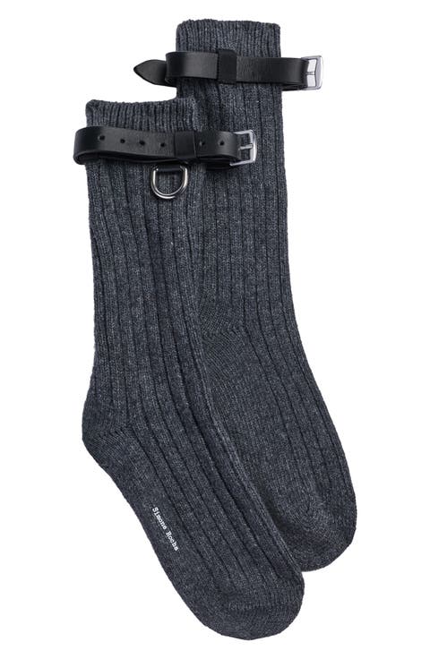Buckle Strap Ribbed Wool Blend Ankle Socks
