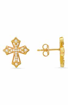 Queen Jewels Sterling Silver CZ Pavé Cross Stud Earrings