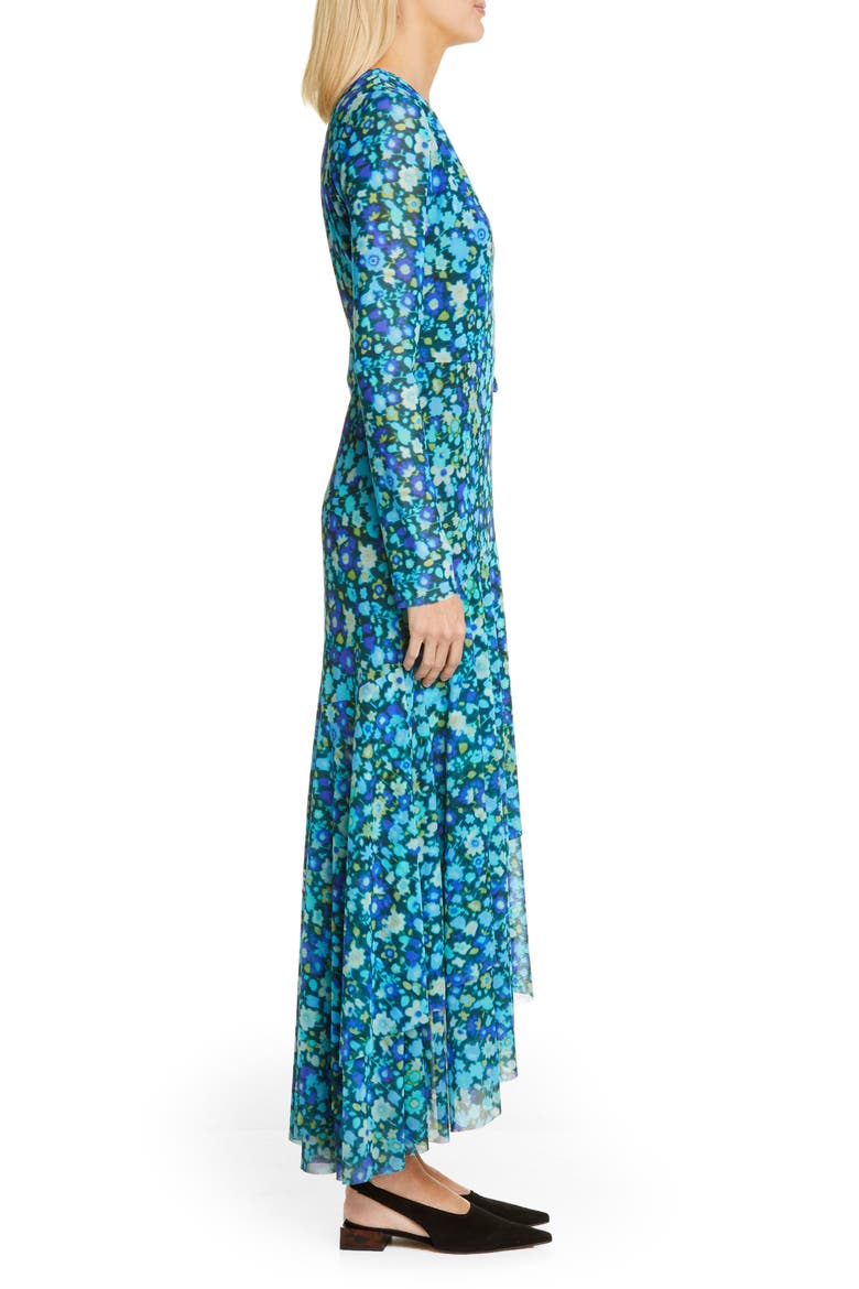 Floral Print Mesh Long Sleeve Maxi Wrap Dress, Alternate, color, AZURE BLUE