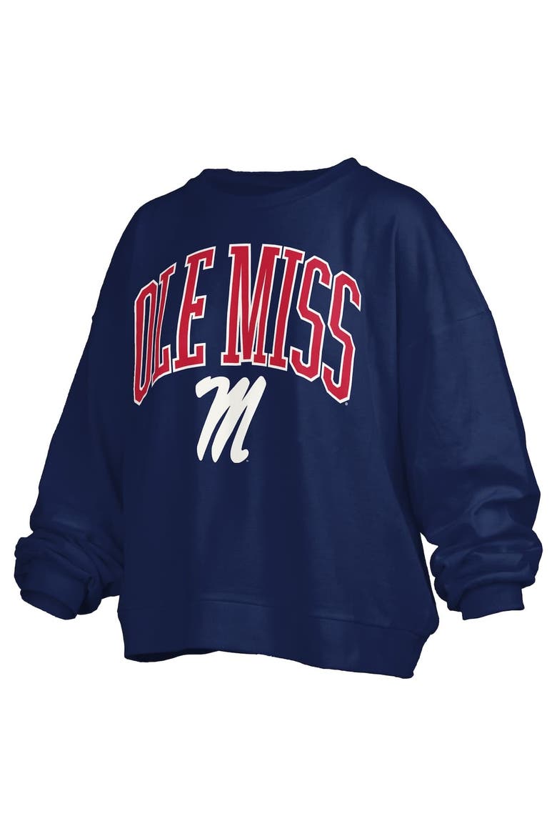 Women's Pressbox Navy Ole Miss Rebels Janise Arch Over Logo Waist Length Oversized Pullover Sweatshirt, Alternate, color, Navy