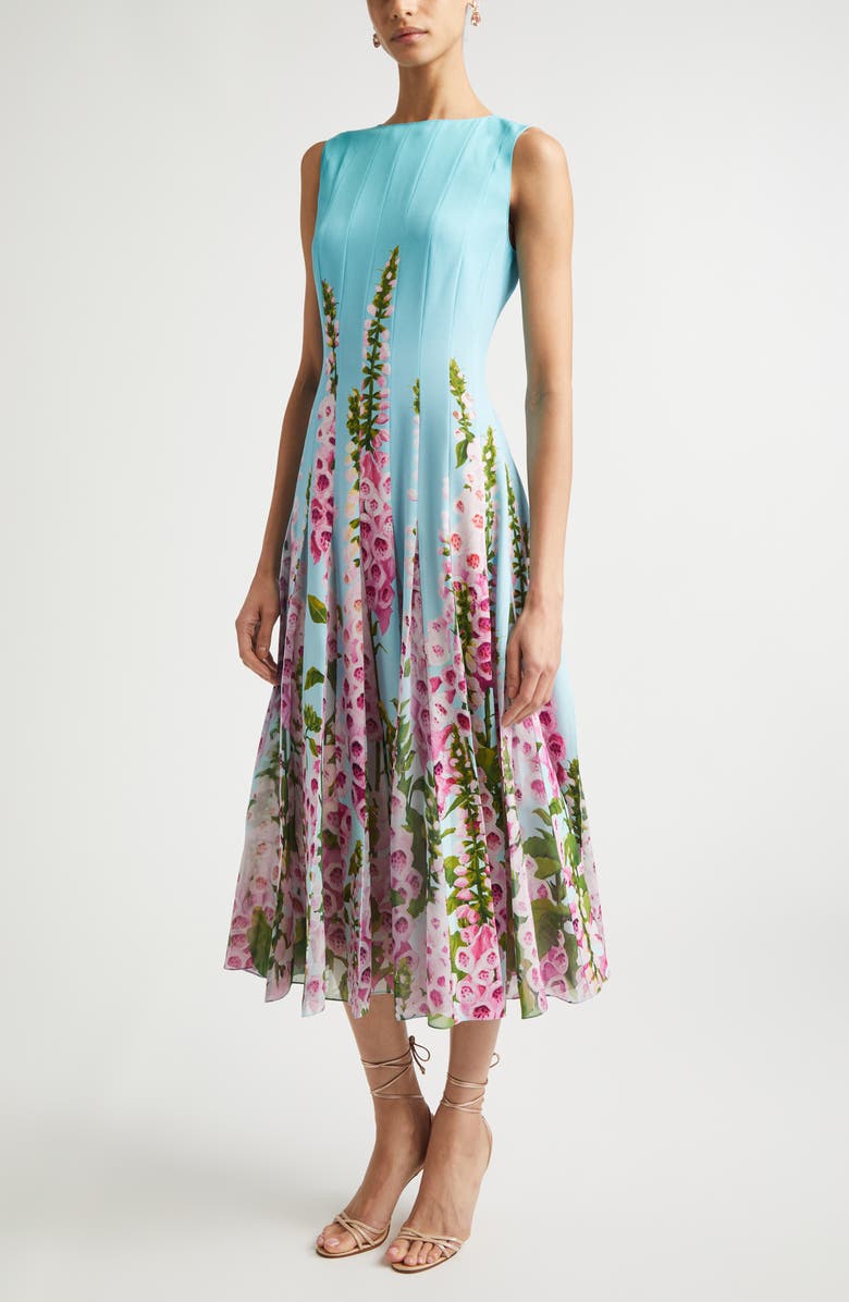 Oscar de la Renta Foxglove Dégradé Pleated Jersey & Chiffon A-Line Dress, Alternate, color, Lilac/ Sky