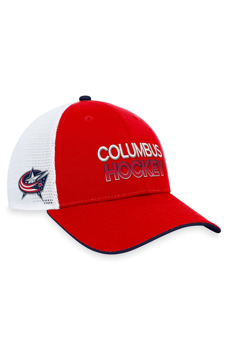 FANATICS Men's Fanatics Branded  Red Columbus Blue Jackets Authentic Pro Rink Trucker Adjustable Hat, Main, color, 