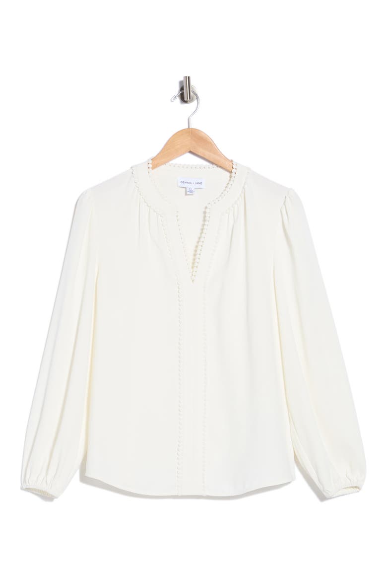 Pom Trim V Neck Blouse, Alternate, color, IVORY