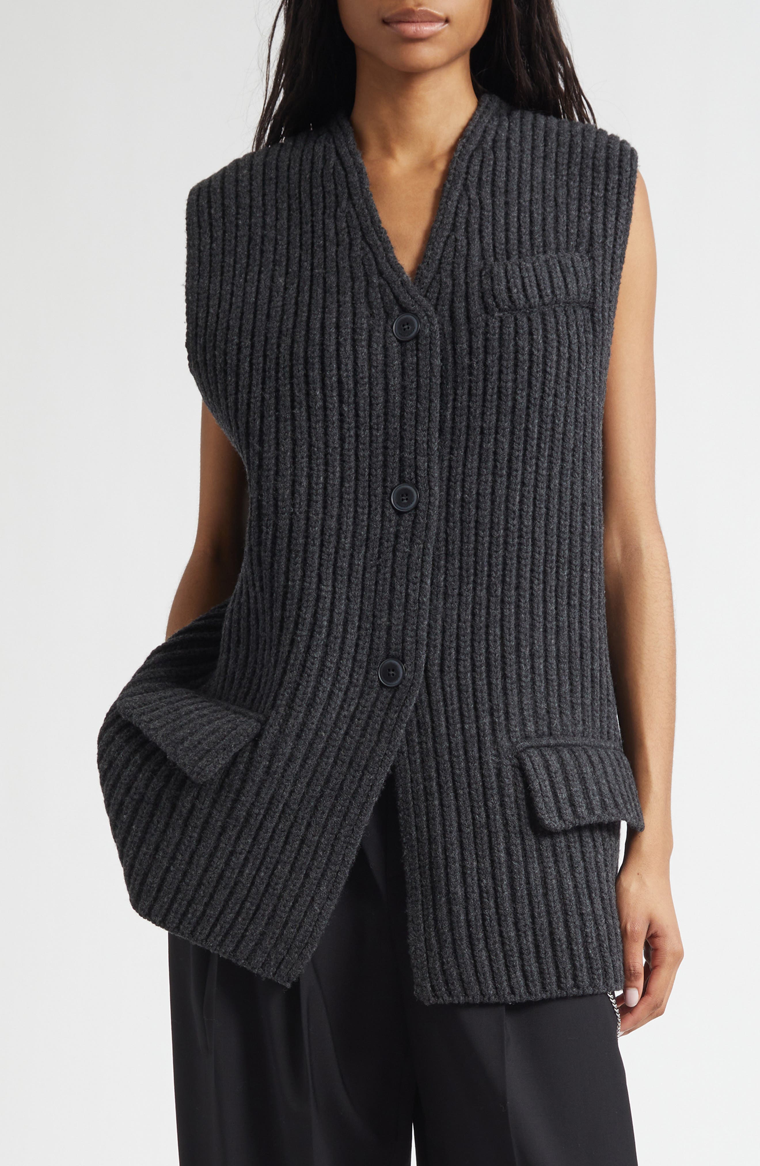 Oversize Rib Wool Button-Up Sweater Vest
