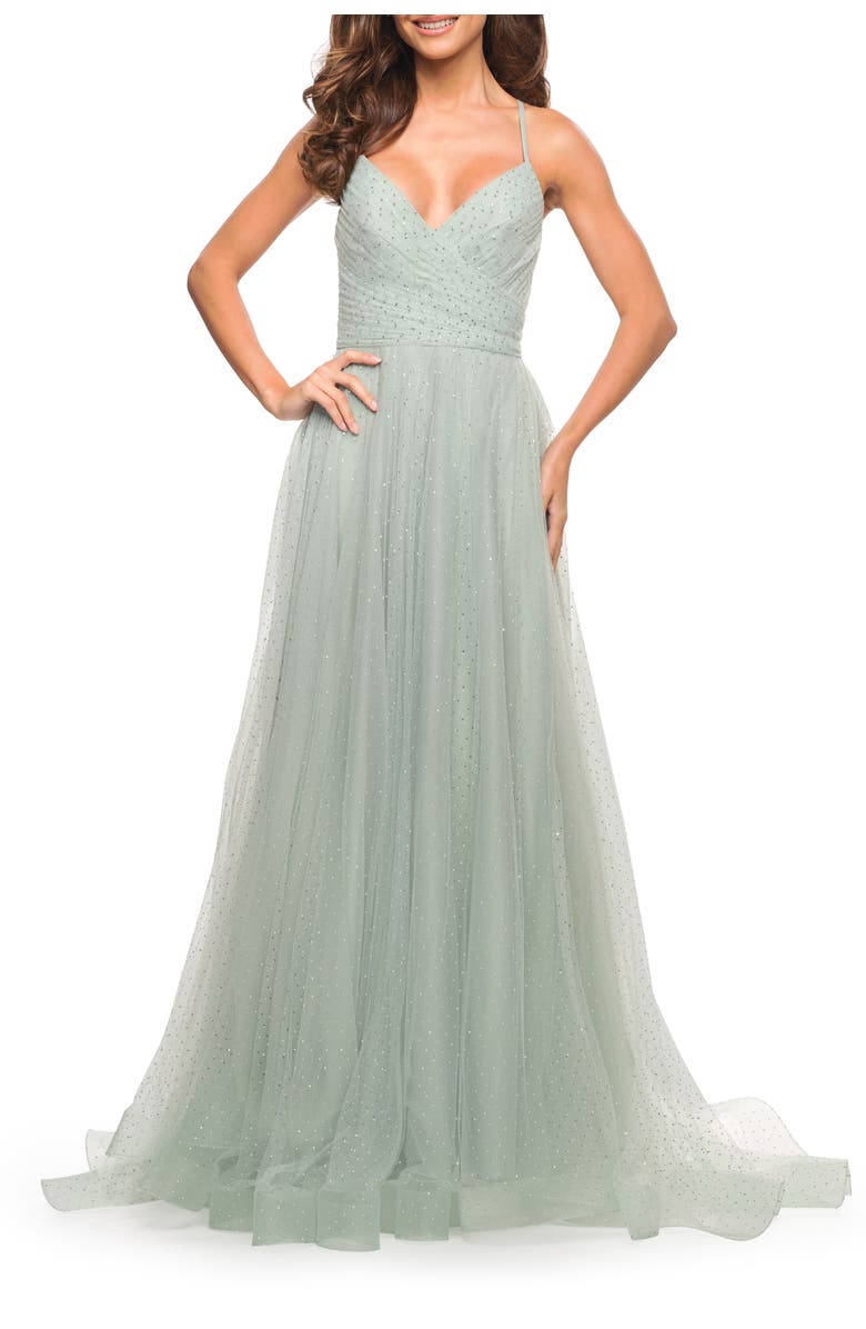 La Femme Rhinestone Tulle Ballgown with Slit and Lace Up Back, Main, color, Sage