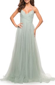 La Femme Rhinestone Tulle Ballgown with Slit and Lace Up Back
