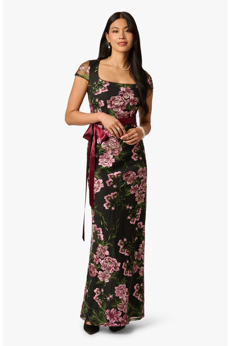 Embroidered Floral Column Gown with Ribbon Tie Belt, Alternate, color, BLACK MULTI
