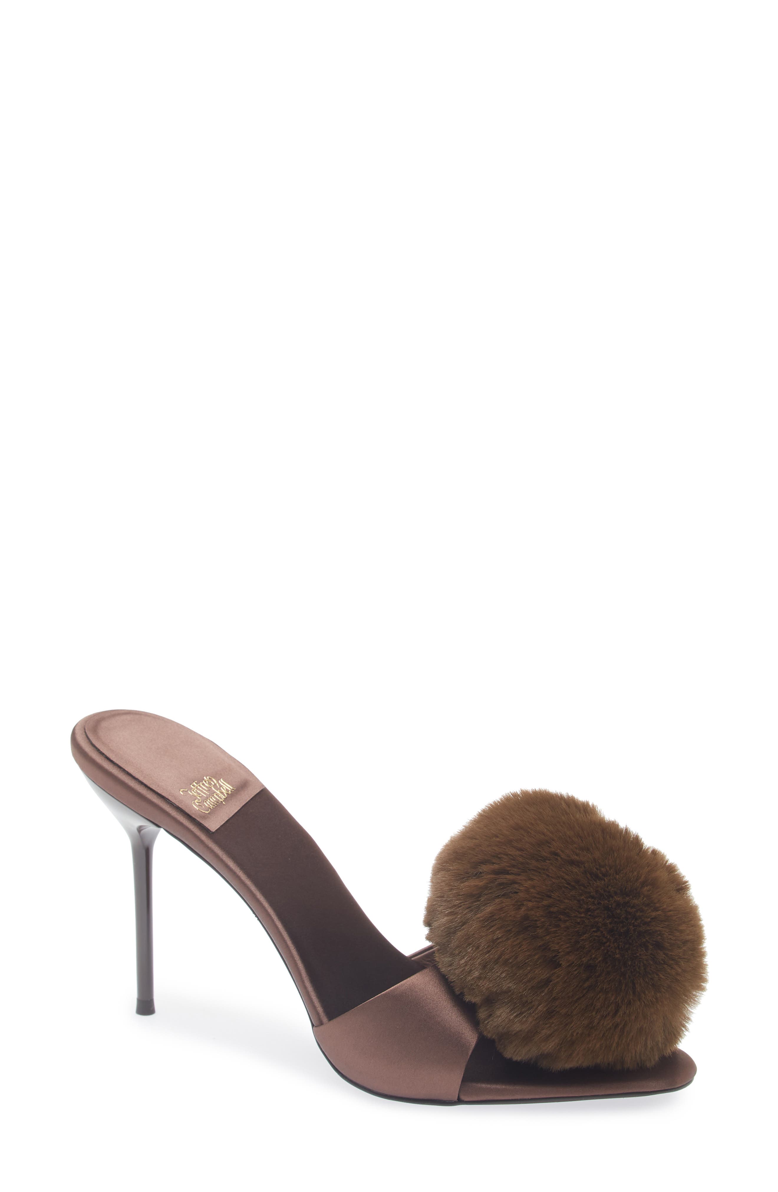Jeffrey Campbell Shopaholic Faux Fur Pom Slide Sandal In Brown