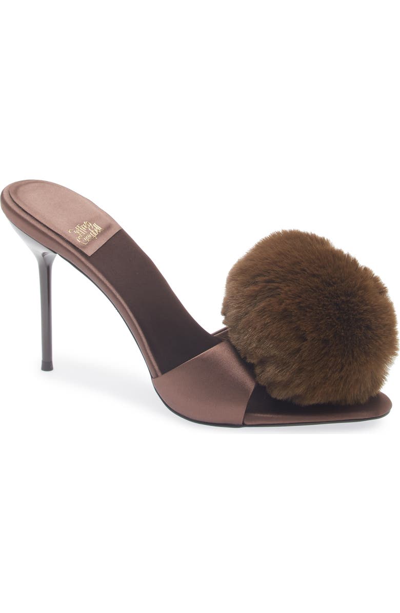 Jeffrey Campbell Shopaholic Faux Fur Pom Slide Sandal, Main, color, Brown Satin Combo