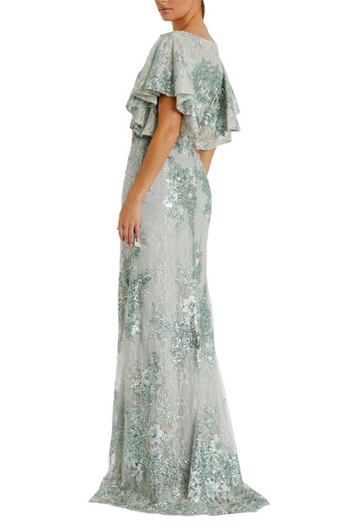 Mac Duggal Flutter Sleeve Embellished Lace Trumpet Gown In Seafoam
