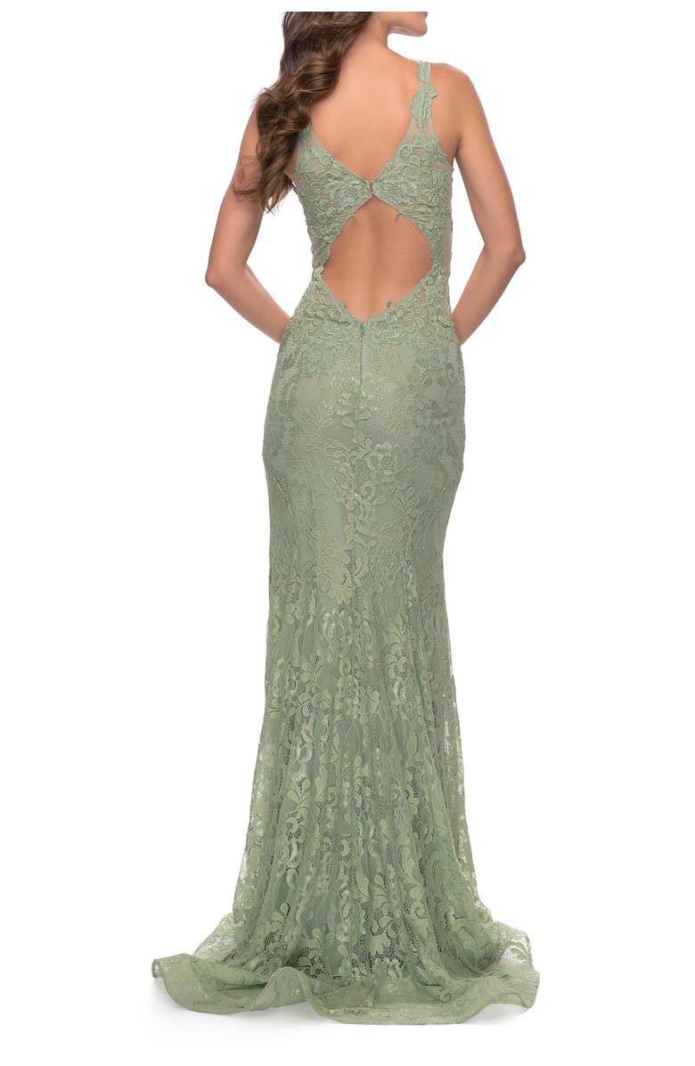 La Femme Fitted Stretch Lace Gown with Deep V and Beading, Alternate, color, Sage