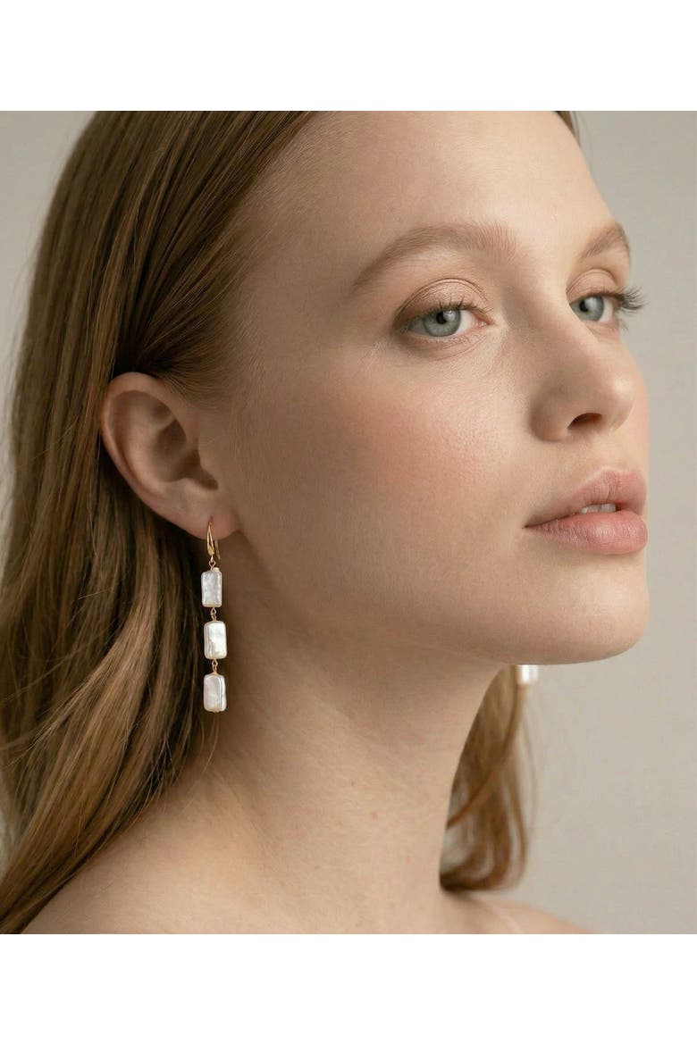 Triple White Freshwater Baroque Pearl Jaylene Earrings, Alternate, color, Yellow Gold Fill