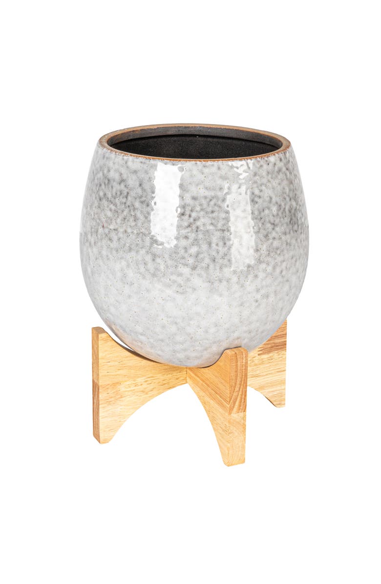 Storied Home Round Stoneware Planter on a Wood Stand with Reactive Glaze, Grey and Natural, Main, color, Grey