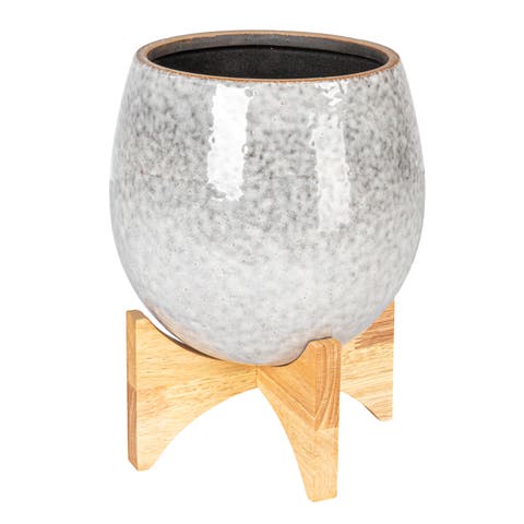 Round Stoneware Planter on a Wood Stand with Reactive Glaze, Grey and Natural