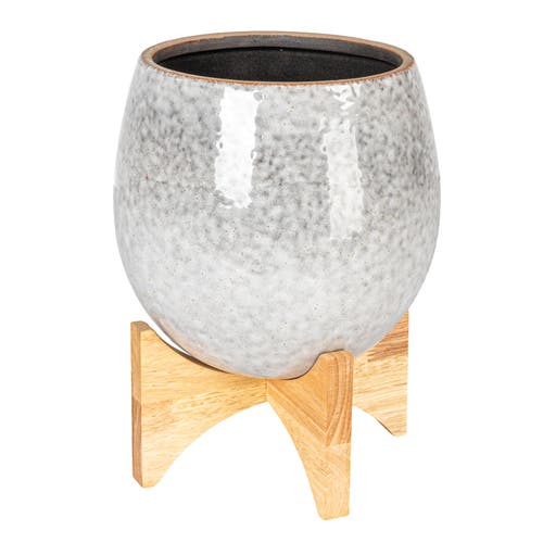 Storied Home Round Stoneware Planter On A Wood Stand With Reactive Glaze, Grey And Natural In Silver