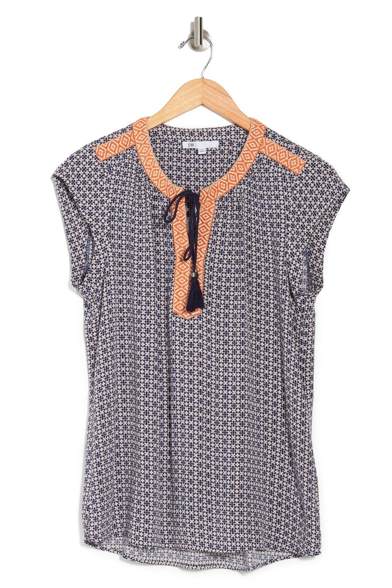 Daniel Rainn Rayon Gauze Printed Tape Blouse, Alternate, color, L136 INDIGO
