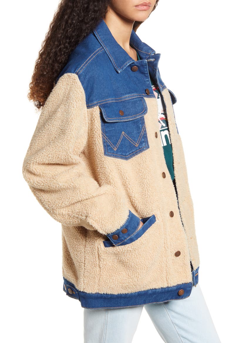 Oversized Faux Shearling & Denim Jacket, Alternate, color, BLUE JAY