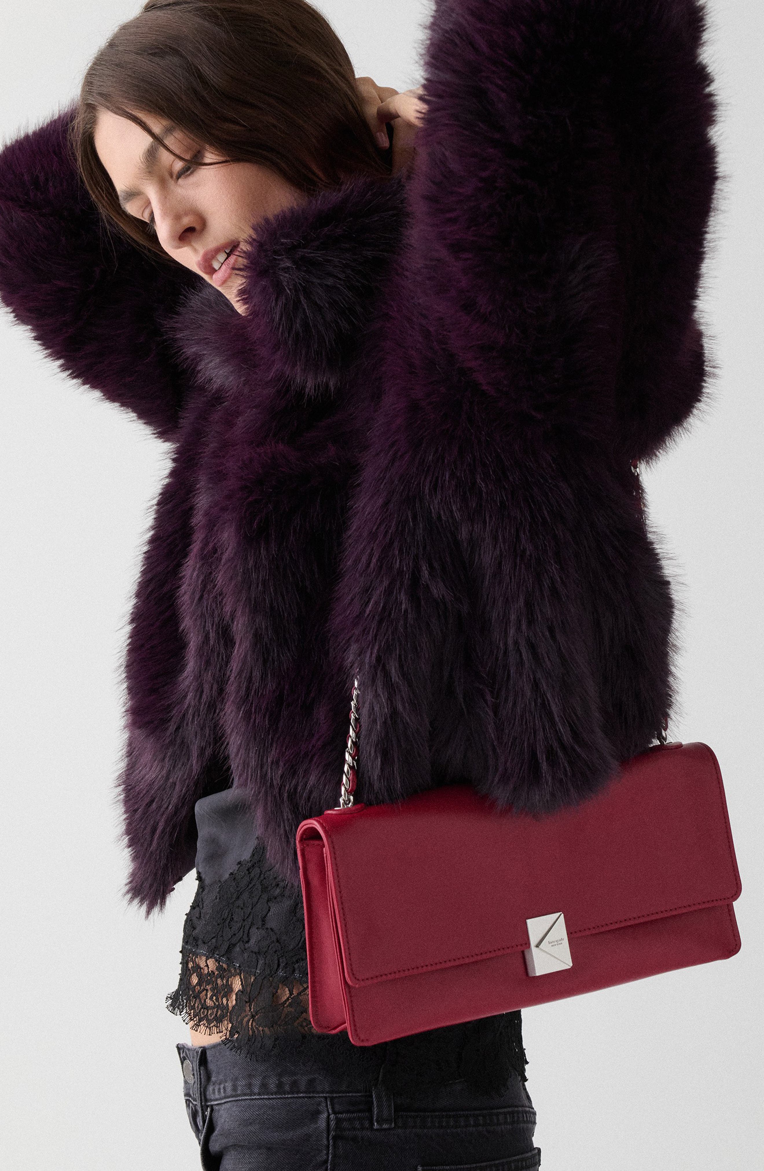 deco fine grain leather convertible chain shoulder bag, Alternate, color, RED JAM