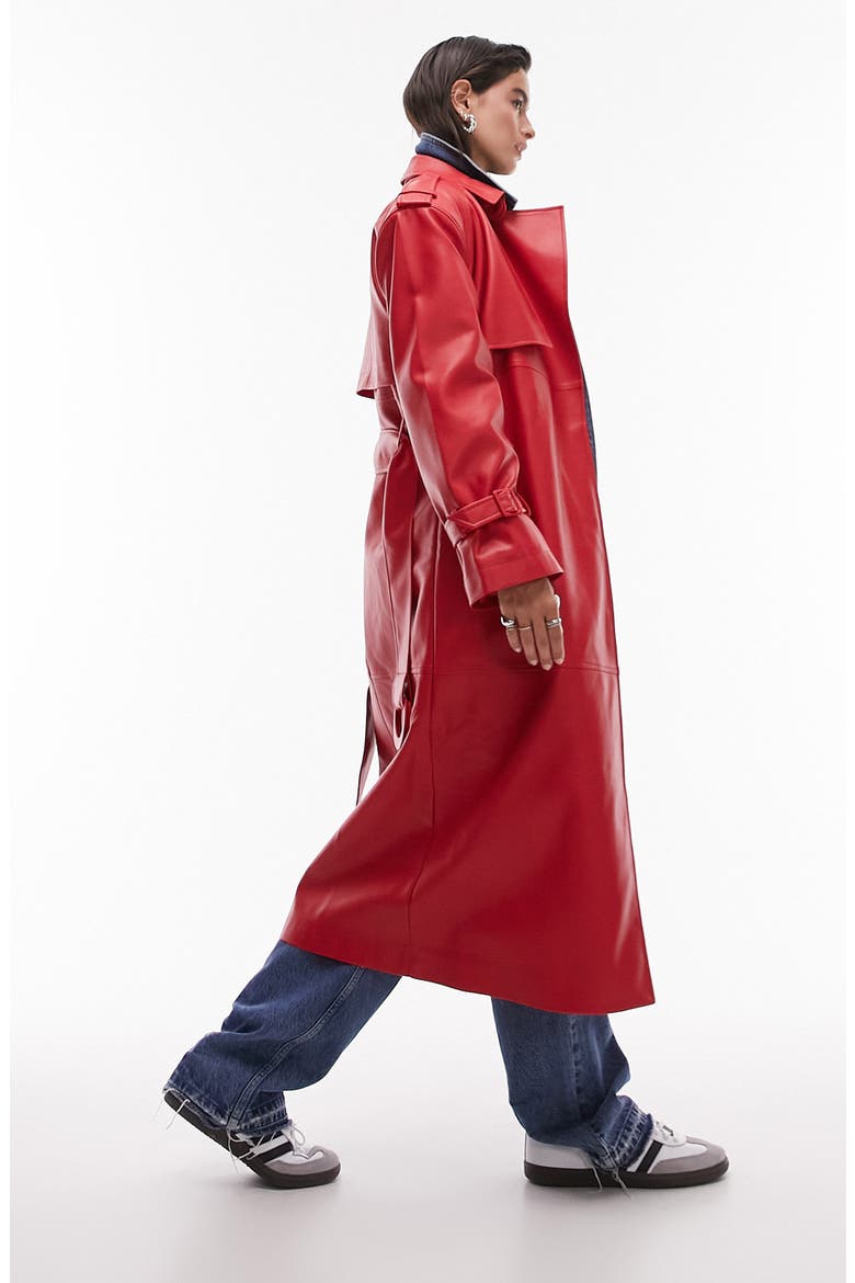 Belted Faux Leather Trench Coat, Alternate, color, RED