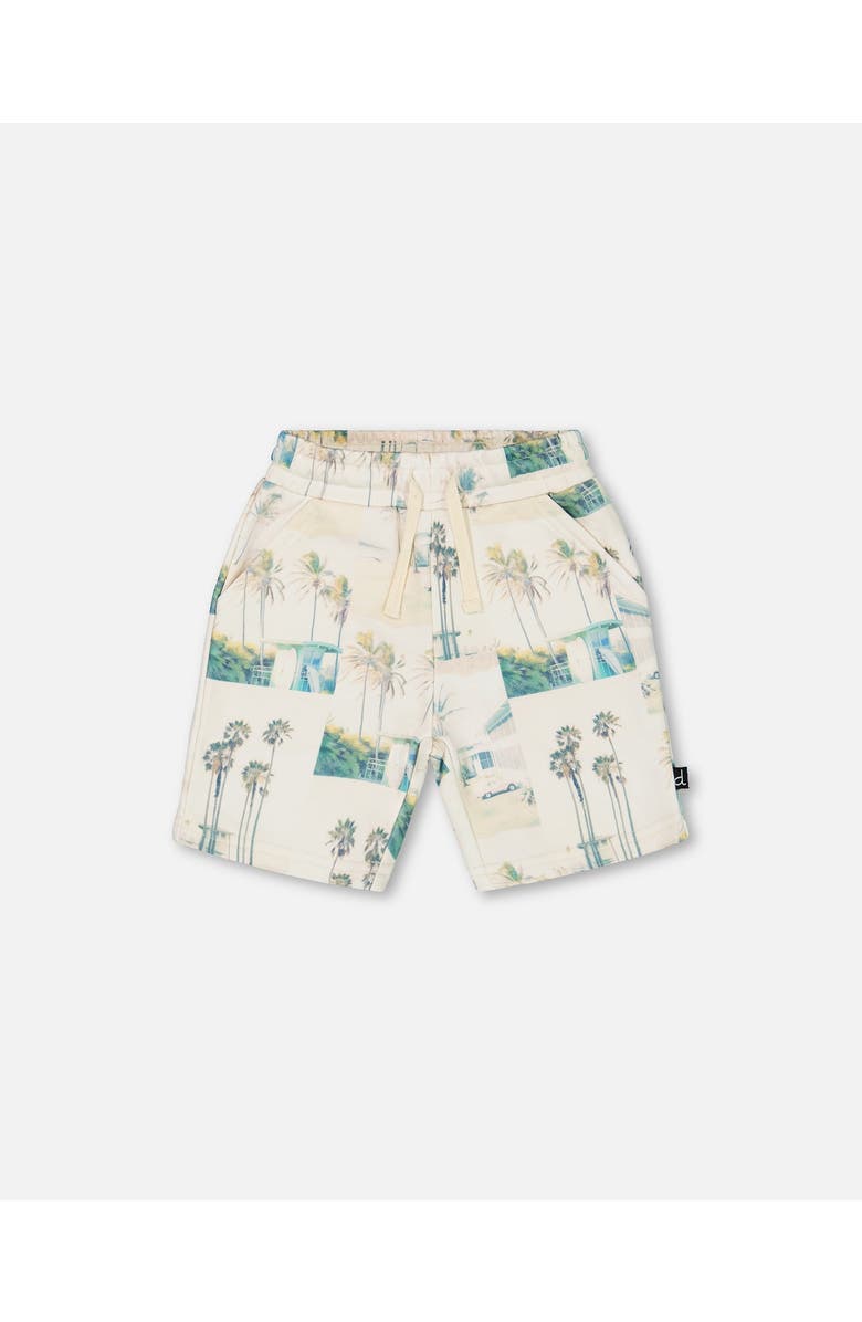 Deux par Deux Little Boy's Printed French Terry Short Beige Palm Tree And Teal, Main, color,