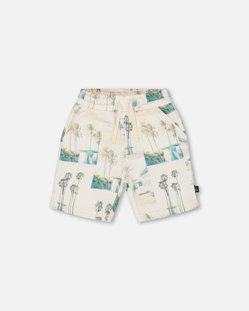DEUX PAR DEUX DEUX PAR DEUX LITTLE BOY'S PRINTED FRENCH TERRY SHORT BEIGE PALM TREE AND TEAL