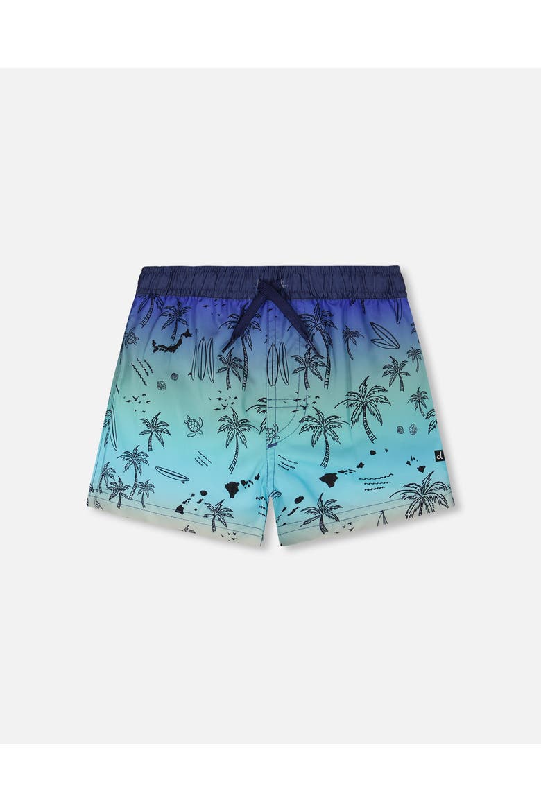 Mid Thigh Elastic Waist Beach Boardshorts, Main, color, Blue Beach Print